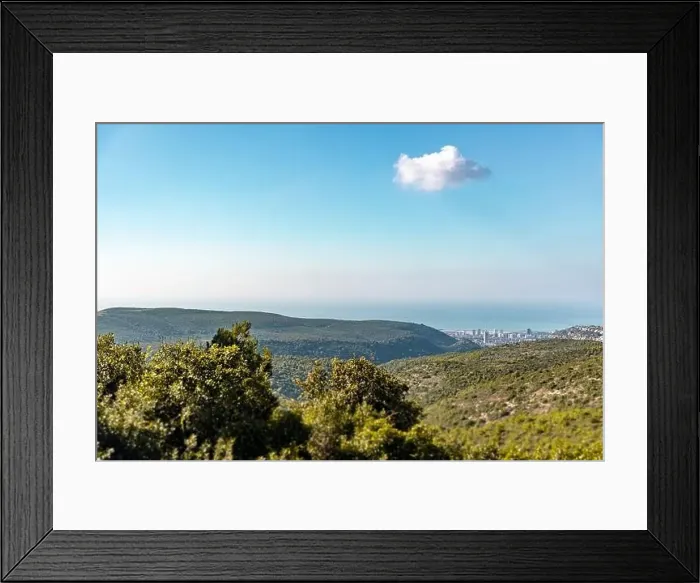 Framed Print : View of forest, sea, and city under a blue sky Framed Print : View of forest, sea, and city under a blue sky