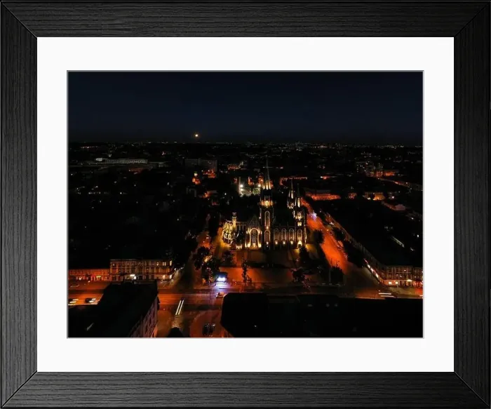 Framed Print : Aerial veiw on Elizabeth church in Lviv, Ukraine from drone at night Framed Print : Aerial veiw on Elizabeth church in Lviv, Ukraine from drone at night