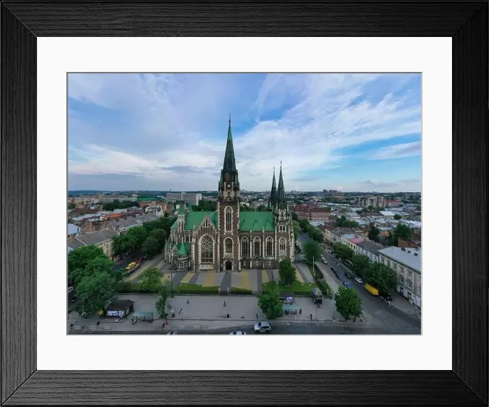 Framed Print : Aerial veiw on Elizabeth church in Lviv, Ukraine from drone Framed Print : Aerial veiw on Elizabeth church in Lviv, Ukraine from drone