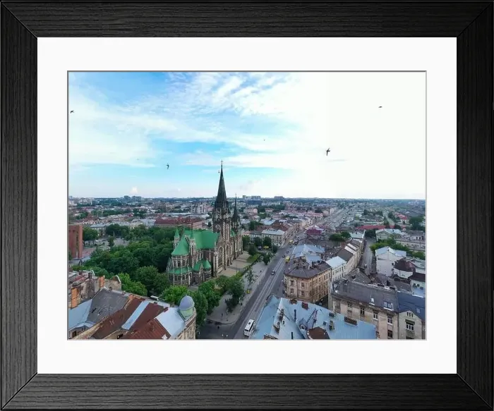 Framed Print : Aerial veiw on Elizabeth church in Lviv, Ukraine from drone Framed Print : Aerial veiw on Elizabeth church in Lviv, Ukraine from drone