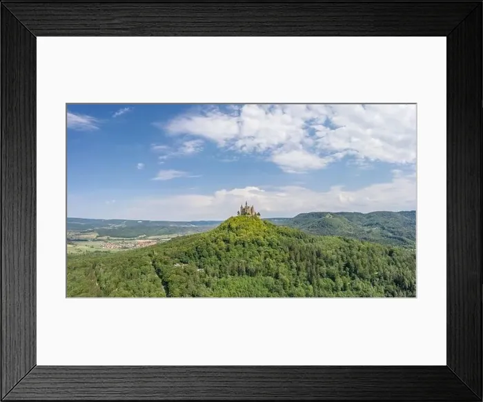 Framed Print : Aerial drone shot of Medival Hohenzollern Castle on hill near Stuttgart at summer noon Framed Print : Aerial drone shot of Medival Hohenzollern Castle on hill near Stuttgart at summer noon