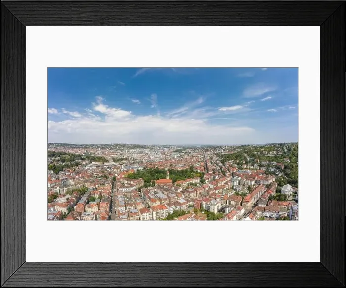 Framed Print : Aerial drone shot of Stuttgart suburb at summer noon Framed Print : Aerial drone shot of Stuttgart suburb at summer noon