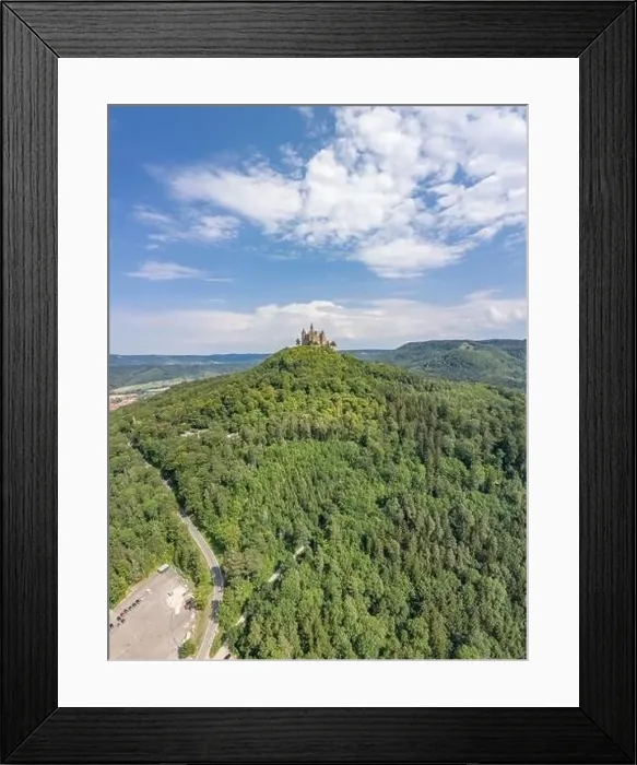 Framed Print : Aerial drone shot of Medival Hohenzollern Castle on hill near Stuttgart at summer noon Framed Print : Aerial drone shot of Medival Hohenzollern Castle on hill near Stuttgart at summer noon