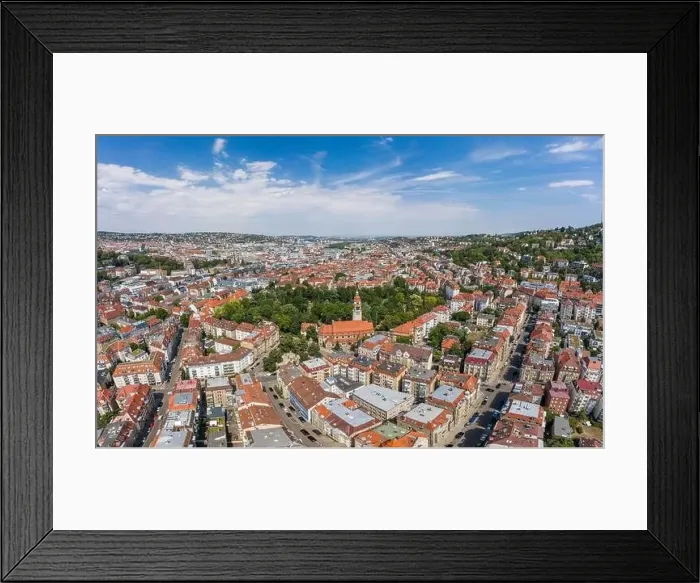 Framed Print : Aerial drone shot of Stuttgart suburb at summer noon Framed Print : Aerial drone shot of Stuttgart suburb at summer noon