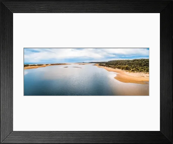 Framed Print : Wide aerial panorama of Snowy River mouth in Victoria, Australia Framed Print : Wide aerial panorama of Snowy River mouth in Victoria, Australia
