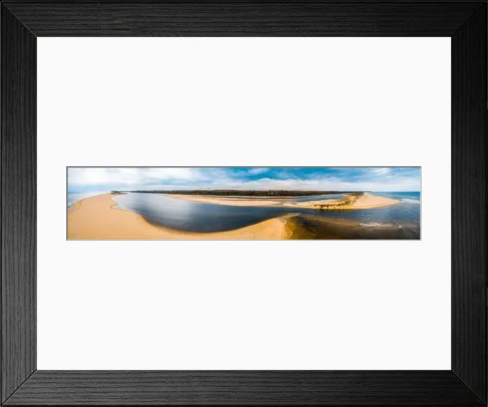 Framed Print : Wide aerial panorama of ocean beach at Marlo, Victoria, Australia Framed Print : Wide aerial panorama of ocean beach at Marlo, Victoria, Australia