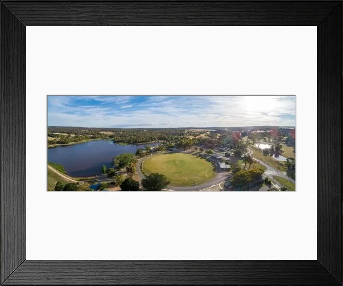 Framed Print : Lake and oval in Beaufort, Victoria, Australia - wide aerial panorama Framed Print : Lake and oval in Beaufort, Victoria, Australia - wide aerial panorama