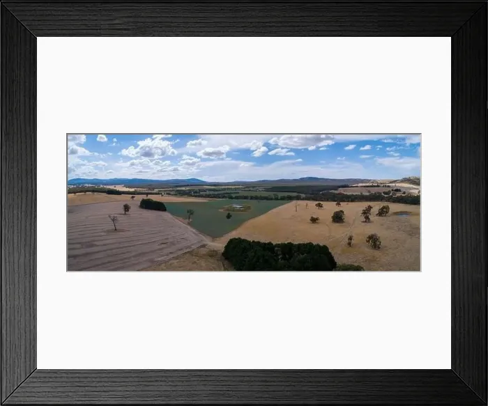 Framed Print : Aerial panorama of agricultural fields in Chute, Victoria, Australia Framed Print : Aerial panorama of agricultural fields in Chute, Victoria, Australia