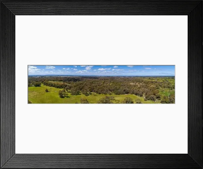 Framed Print : Wide narrow banner aerial panorama of Australian green countryside on bright sunny day Framed Print : Wide narrow banner aerial panorama of Australian green countryside on bright sunny day