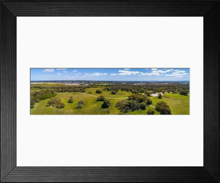 Framed Print : Wide aerial panoramic landscape of path winding through park with green grass and trees Framed Print : Wide aerial panoramic landscape of path winding through park with green grass and trees