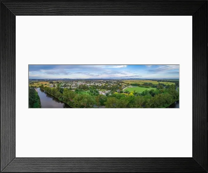 Framed Print : Wide aerial panorama of Orbost town nested near Snowy River in Victoria, Australia Framed Print : Wide aerial panorama of Orbost town nested near Snowy River in Victoria, Australia