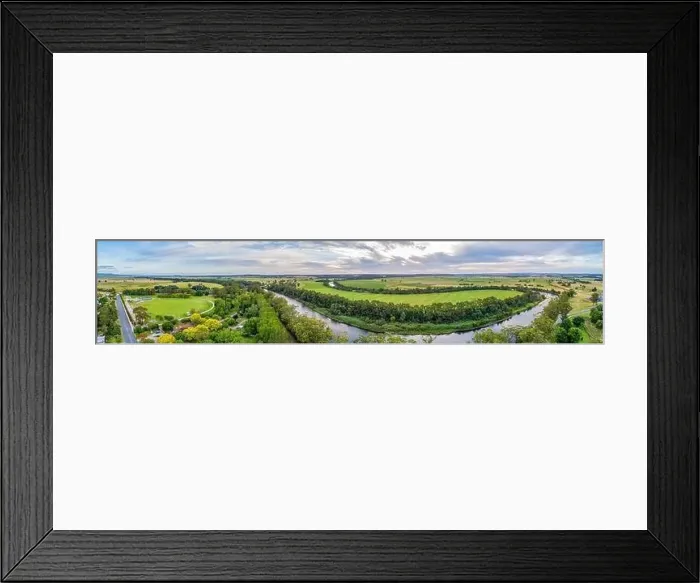Framed Print : Wide aerial panoramic landscape of the Snowy River and fields in Victoria, Australia Framed Print : Wide aerial panoramic landscape of the Snowy River and fields in Victoria, Australia