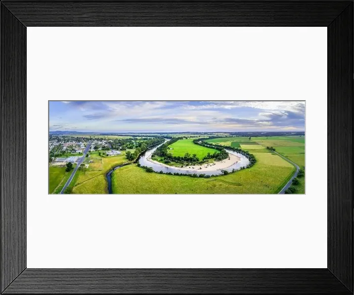 Framed Print : Scenic aerial panorama of beautiful river and green pastures in Australia Framed Print : Scenic aerial panorama of beautiful river and green pastures in Australia