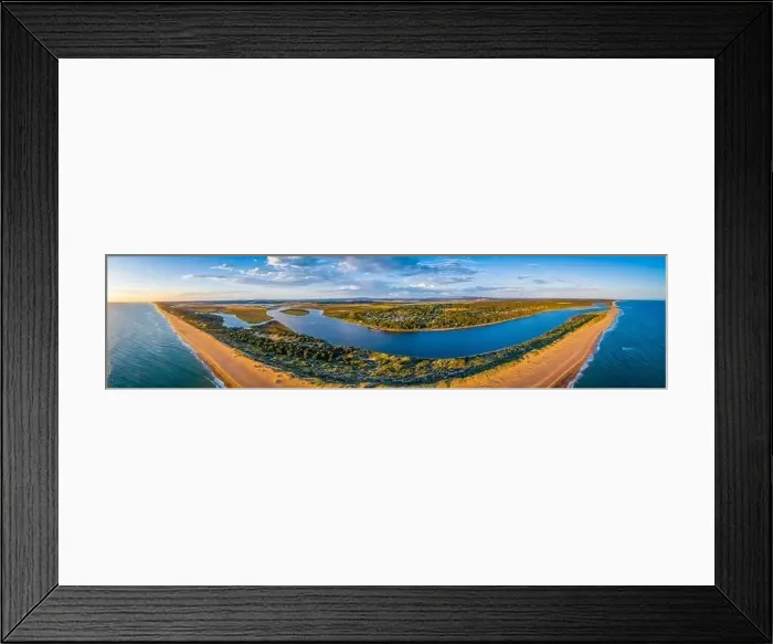 Framed Print : Scenic ocean beach at sunset in Australia - ultra wide aerial panorama Framed Print : Scenic ocean beach at sunset in Australia - ultra wide aerial panorama