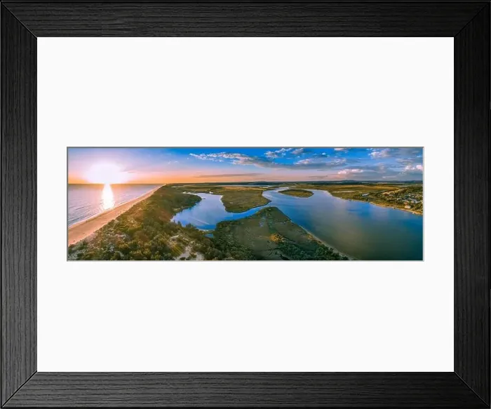 Framed Print : Sunset over ocean and Snowy River - wide aerial panoramic landscape