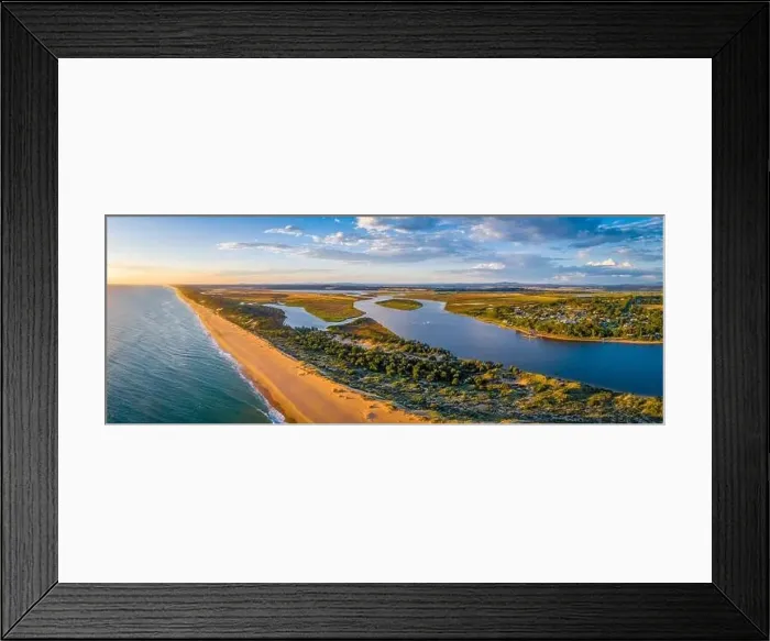 Framed Print : Scenic ocean beach at sunset in Australia - wide aerial panorama Framed Print : Scenic ocean beach at sunset in Australia - wide aerial panorama