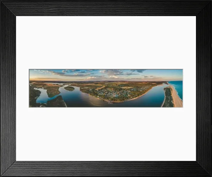Framed Print : Ultra wide panorama of Marlo township and the Snowy River at sunset. Victoria, Australia Framed Print : Ultra wide panorama of Marlo township and the Snowy River at sunset. Victoria, Australia