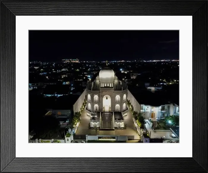 Framed Print : Aerial drone view of modern Masjid Ramlie Musofa at night in Jakarta Kemayoran with Jakarta cityscape Framed Print : Aerial drone view of modern Masjid Ramlie Musofa at night in Jakarta Kemayoran with Jakarta cityscape
