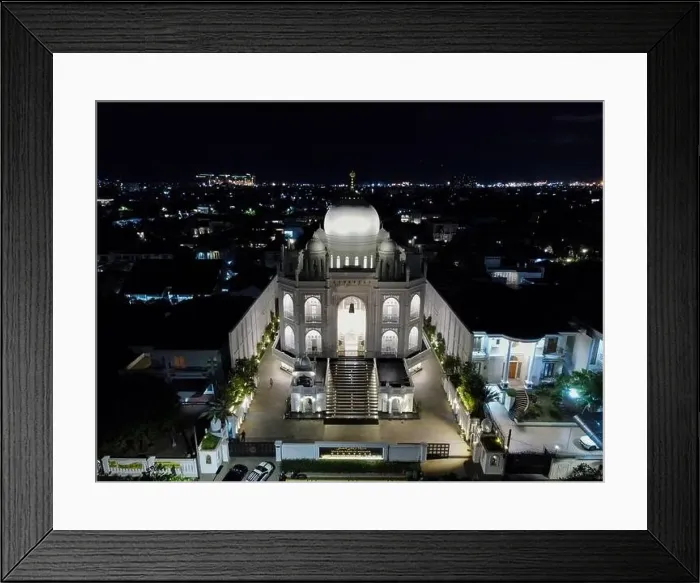 Framed Print : Aerial drone view of modern Masjid Ramlie Musofa at night in Jakarta Kemayoran with Jakarta cityscape Framed Print : Aerial drone view of modern Masjid Ramlie Musofa at night in Jakarta Kemayoran with Jakarta cityscape