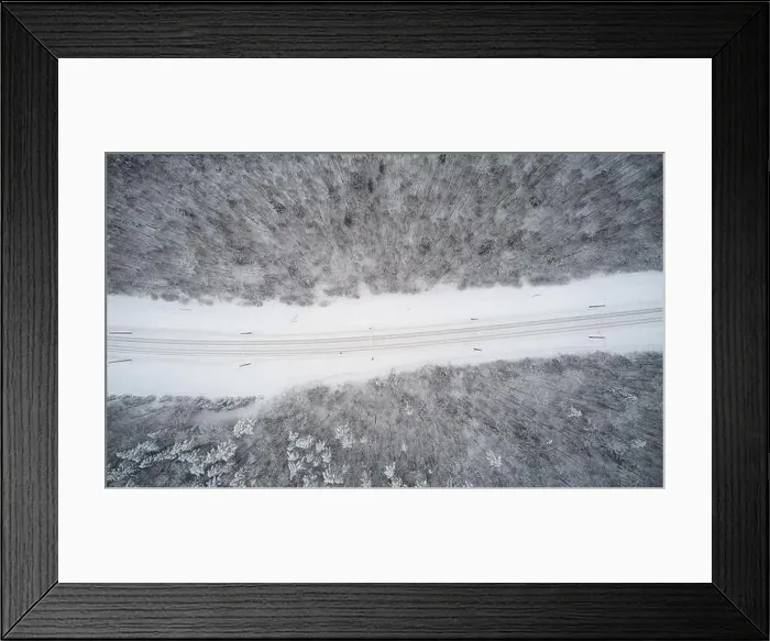 Framed Print : Railroad in winter season aerial above top drone view Framed Print : Railroad in winter season aerial above top drone view