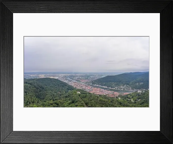 Framed Print : Aerial drone shot of Heidelberg from Konigstuhl hill in overcast summer morning Framed Print : Aerial drone shot of Heidelberg from Konigstuhl hill in overcast summer morning