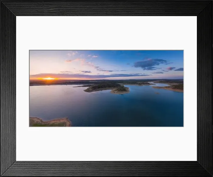 Framed Print : Drone panoramic aerial view of Minutos Dam in Arraiolos Alentejo at sunset, Portugal Framed Print : Drone panoramic aerial view of Minutos Dam in Arraiolos Alentejo at sunset, Portugal