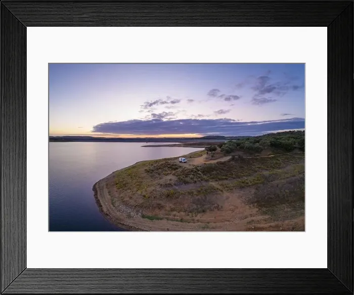 Framed Print : Drone panoramic aerial view of a camper van living vanlife at Minutos Dam in Arraiolos Alentejo at sunset, Portugal Framed Print : Drone panoramic aerial view of a camper van living vanlife at Minutos Dam in Arraiolos Alentejo at sunset, Portugal