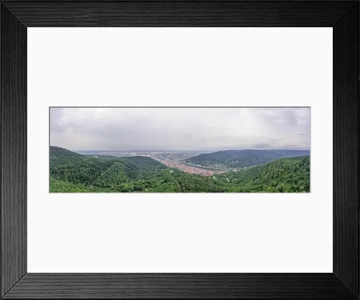 Framed Print : Aerial drone shot of Heidelberg from Konigstuhl hill in overcast summer morning Framed Print : Aerial drone shot of Heidelberg from Konigstuhl hill in overcast summer morning