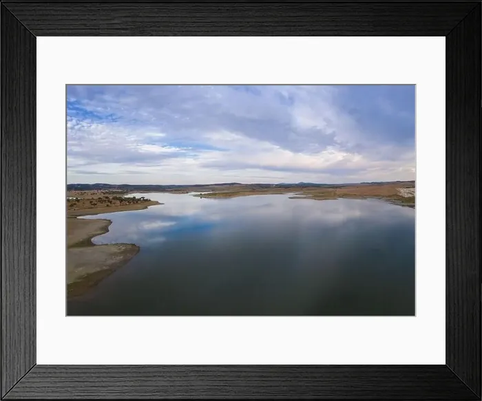 Framed Print : Drone aerial panorama of a dam lake reservoir at sunset in Terena, Portugal