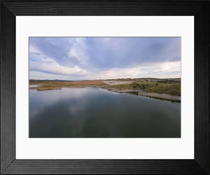 Framed Print : Drone aerial panorama of a dam lake reservoir at sunset in Terena, Portugal Framed Print : Drone aerial panorama of a dam lake reservoir at sunset in Terena, Portugal