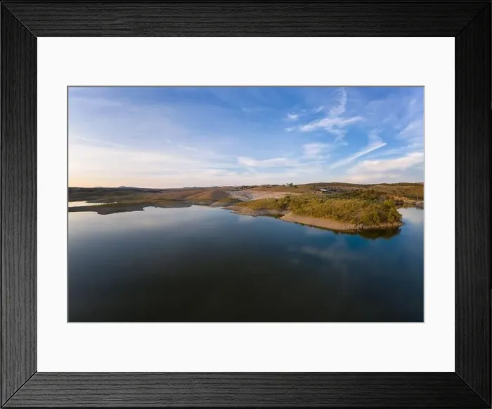 Framed Print : Drone aerial panorama of a dam lake reservoir at sunset in Terena, Portugal Framed Print : Drone aerial panorama of a dam lake reservoir at sunset in Terena, Portugal
