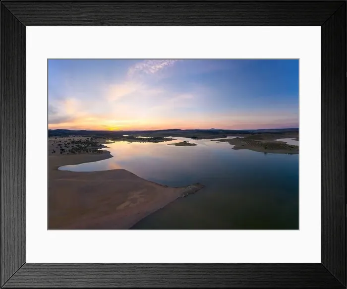 Framed Print : Drone aerial panorama of a dam lake reservoir at sunset in Terena, Portugal Framed Print : Drone aerial panorama of a dam lake reservoir at sunset in Terena, Portugal