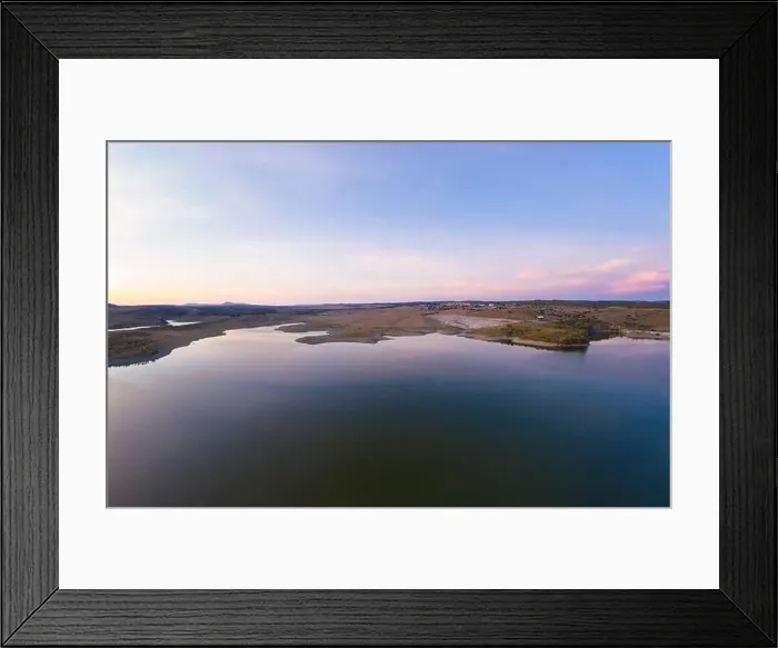 Framed Print : Drone aerial panorama of a dam lake reservoir at sunset in Terena, Portugal Framed Print : Drone aerial panorama of a dam lake reservoir at sunset in Terena, Portugal