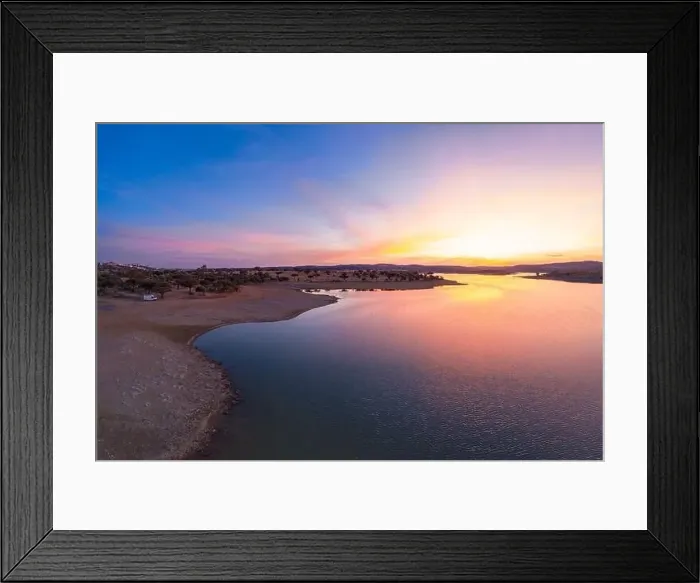 Framed Print : Drone aerial panorama of a dam lake reservoir with a camper van at sunset in Terena, Portugal Framed Print : Drone aerial panorama of a dam lake reservoir with a camper van at sunset in Terena, Portugal