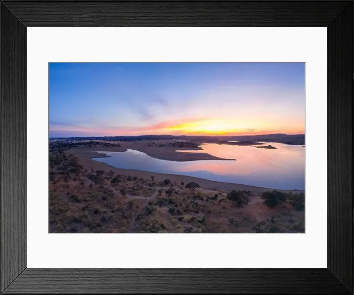 Framed Print : Drone aerial panorama of a dam lake reservoir at sunset in Terena, Portugal Framed Print : Drone aerial panorama of a dam lake reservoir at sunset in Terena, Portugal