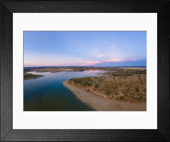 Framed Print : Drone aerial panorama of a dam lake reservoir landscape in Terena, Portugal Framed Print : Drone aerial panorama of a dam lake reservoir landscape in Terena, Portugal