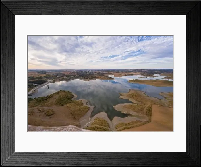 Framed Print : Drone aerial panorama of a dam lake reservoir landscape in Terena, Portugal Framed Print : Drone aerial panorama of a dam lake reservoir landscape in Terena, Portugal