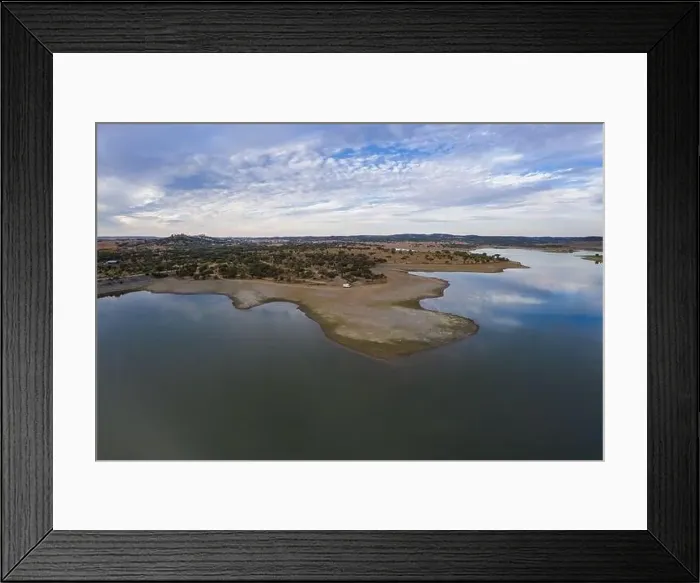 Framed Print : Drone aerial panorama of a dam lake reservoir landscape in Terena, Portugal Framed Print : Drone aerial panorama of a dam lake reservoir landscape in Terena, Portugal