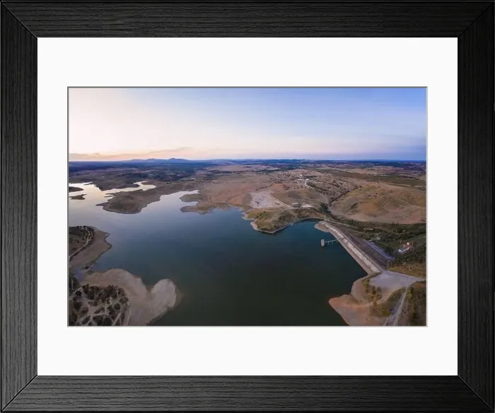 Framed Print : Drone aerial panorama of a dam lake reservoir landscape in Terena, Portugal Framed Print : Drone aerial panorama of a dam lake reservoir landscape in Terena, Portugal