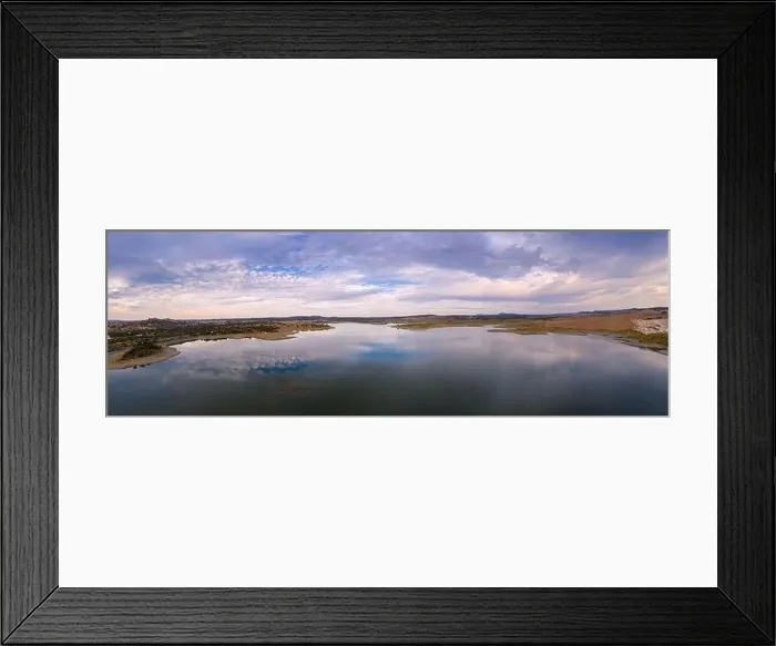 Framed Print : Drone aerial panorama of a dam lake reservoir landscape in Terena, Portugal