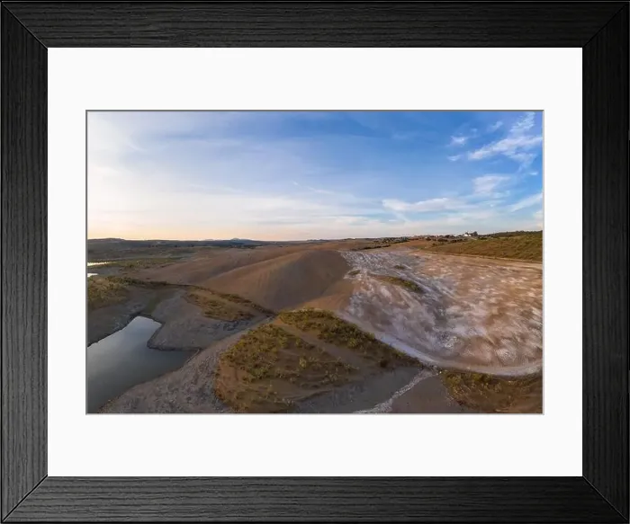 Framed Print : Drone aerial panorama of a desert like hill landscape with marble stones dust at sunset in Terena, Portugal Framed Print : Drone aerial panorama of a desert like hill landscape with marble stones dust at sunset in Terena, Portugal