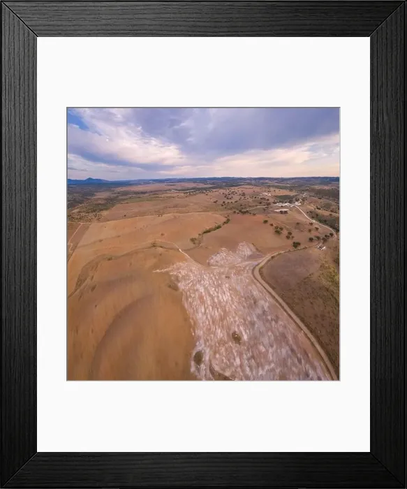 Framed Print : Drone aerial panorama of a desert like hill landscape with marble stones dust at sunset in Terena, Portugal Framed Print : Drone aerial panorama of a desert like hill landscape with marble stones dust at sunset in Terena, Portugal
