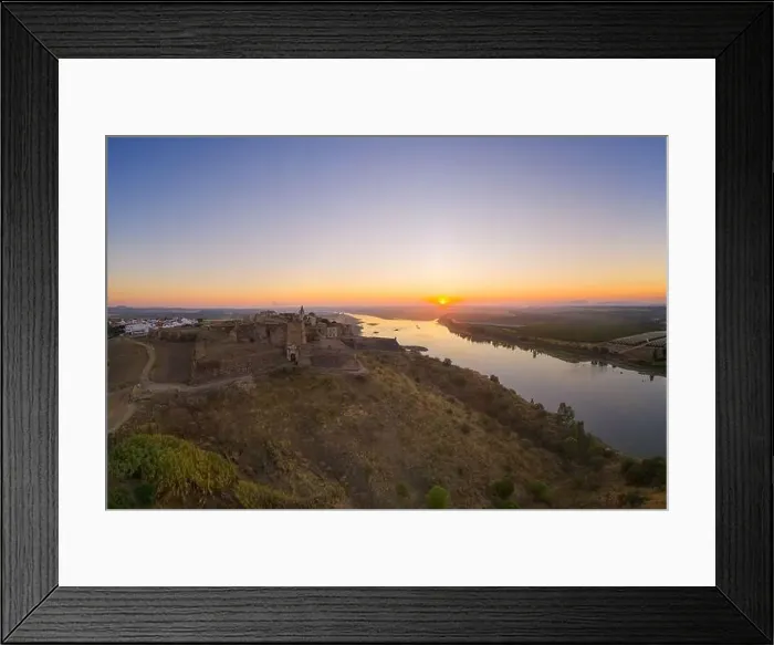 Framed Print : Juromenha castle, village and Guadiana river drone aerial view at sunrise in Alentejo, Portugal Framed Print : Juromenha castle, village and Guadiana river drone aerial view at sunrise in Alentejo, Portugal