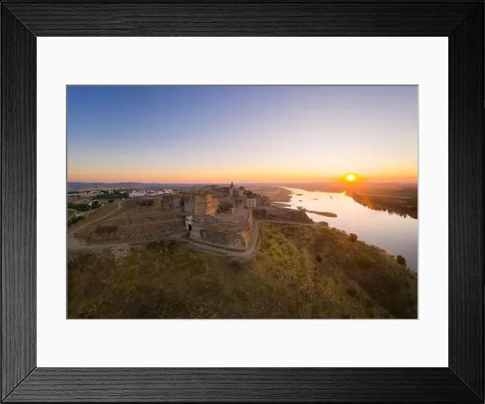 Framed Print : Juromenha castle, village and Guadiana river drone aerial view at sunrise in Alentejo, Portugal Framed Print : Juromenha castle, village and Guadiana river drone aerial view at sunrise in Alentejo, Portugal