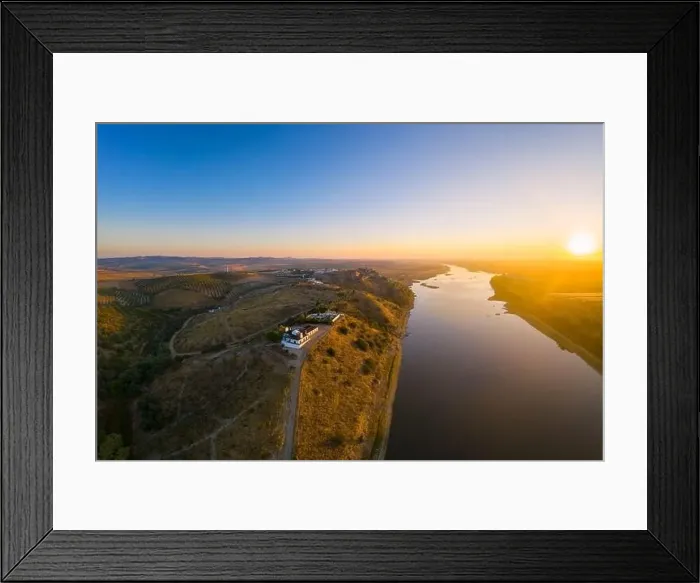 Framed Print : Juromenha castle, village and Guadiana river drone aerial view at sunrise in Alentejo, Portugal Framed Print : Juromenha castle, village and Guadiana river drone aerial view at sunrise in Alentejo, Portugal