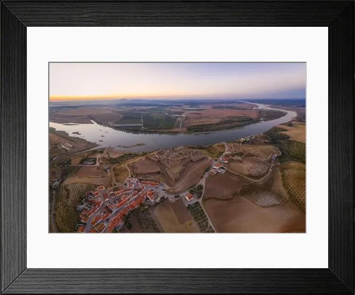 Framed Print : Juromenha castle, village and Guadiana river drone aerial view at sunset in Alentejo Framed Print : Juromenha castle, village and Guadiana river drone aerial view at sunset in Alentejo