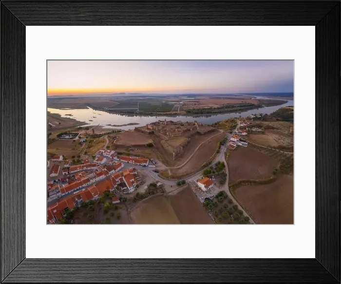 Framed Print : Juromenha castle, village and Guadiana river drone aerial view at sunset in Alentejo Framed Print : Juromenha castle, village and Guadiana river drone aerial view at sunset in Alentejo