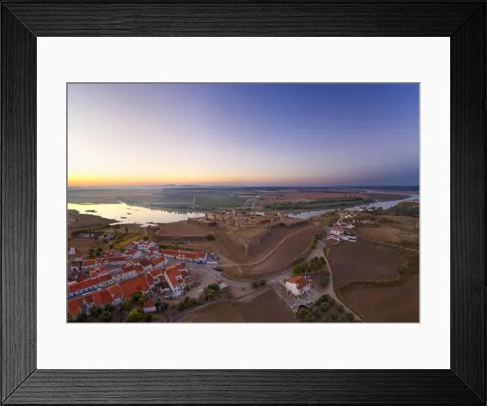 Framed Print : Juromenha castle, village and Guadiana river drone aerial view at sunset in Alentejo Framed Print : Juromenha castle, village and Guadiana river drone aerial view at sunset in Alentejo