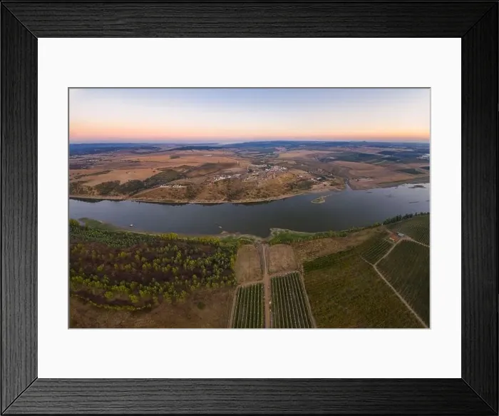 Framed Print : Juromenha castle, village and Guadiana river drone aerial view at sunset in Alentejo Framed Print : Juromenha castle, village and Guadiana river drone aerial view at sunset in Alentejo