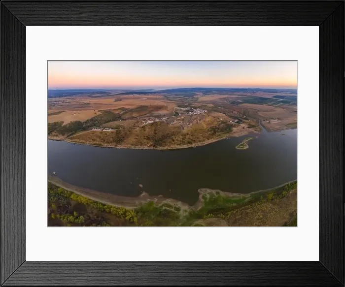 Framed Print : Juromenha castle, village and Guadiana river drone aerial view at sunset in Alentejo Framed Print : Juromenha castle, village and Guadiana river drone aerial view at sunset in Alentejo